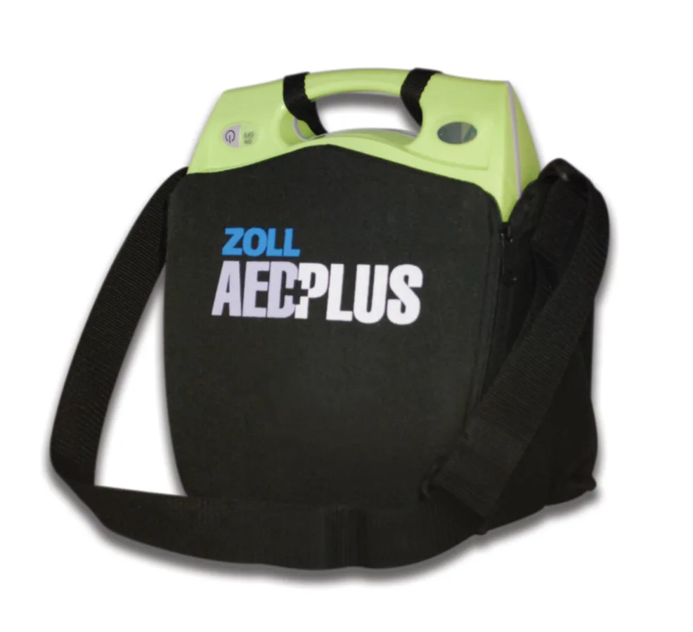 ZOLL AED Plus defibrillator in its soft carry case with the CPR-D-padz electrodes beside it